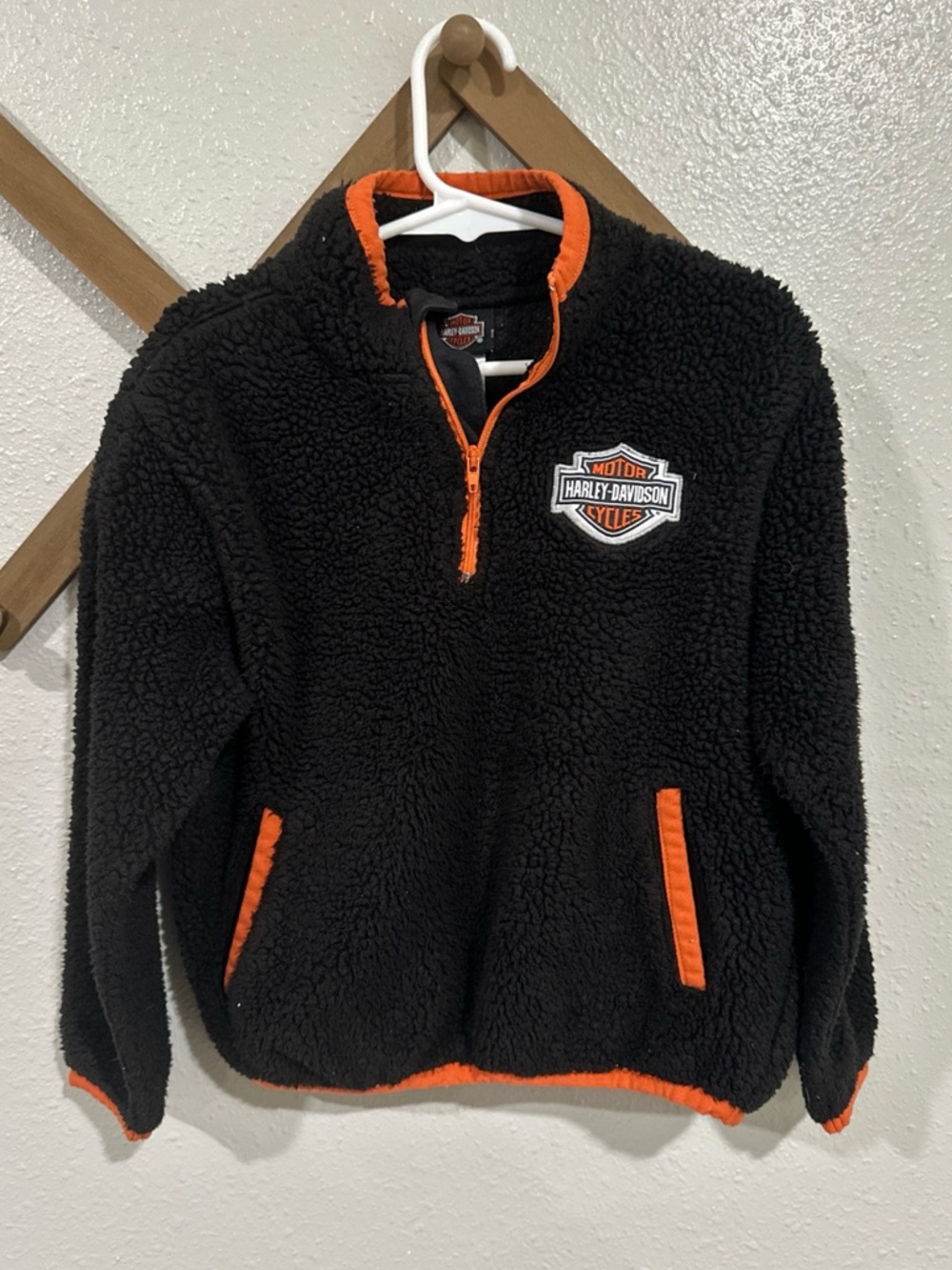 Harley Davidson boy/girl size 6 black sherpa fleece 1/4 zip pull over youth